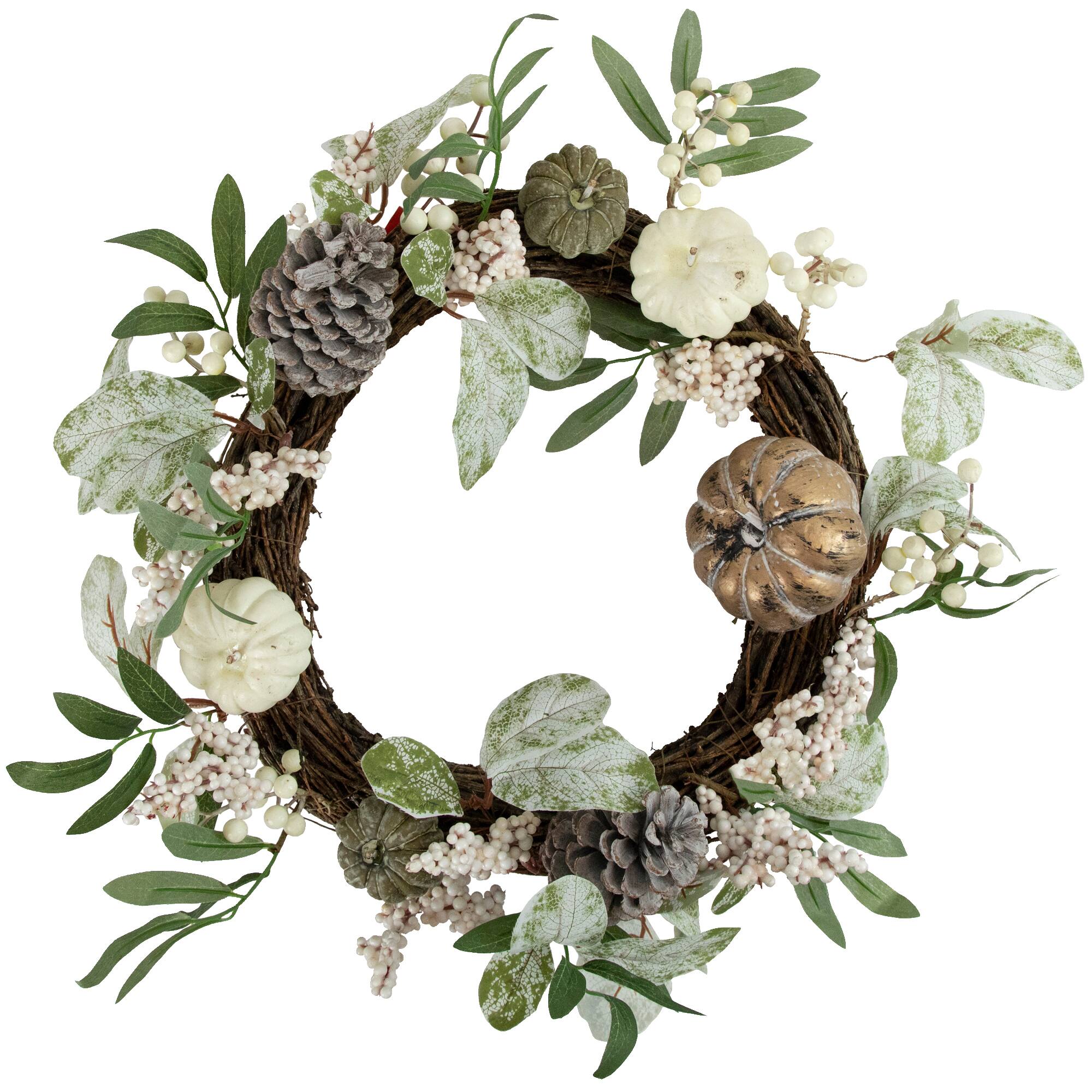 20" Pumpkin & Berries with Pinecones Artificial Fall Harvest Twig Wreath